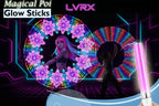 Glow sticks with colorful patterns and 'Magical Poi Glow Sticks' text on a dark background