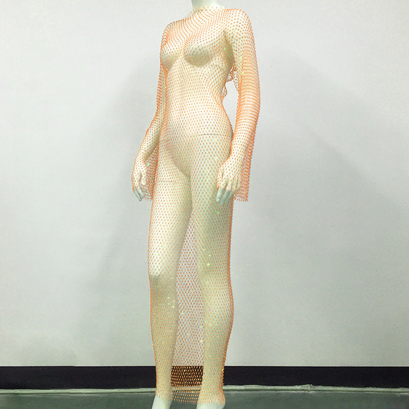 Women's Mesh Rhinestone Fishnet Sexy Slit Fishnet Dress