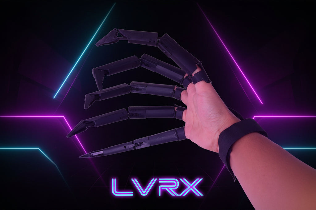 Hand wearing a black claw glove on a white background