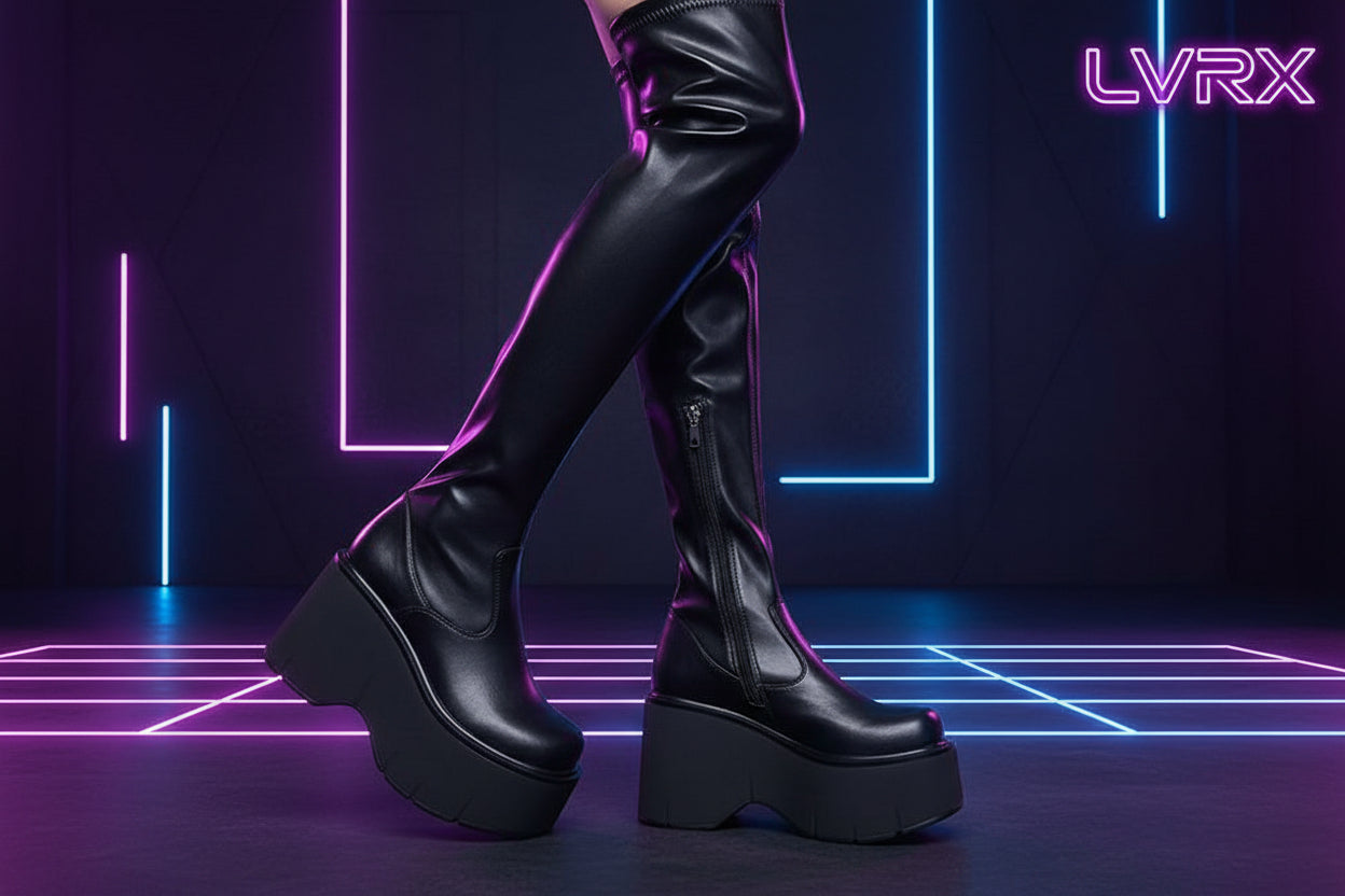 Person wearing black knee-high boots on a street with a bench and leaves in the background.