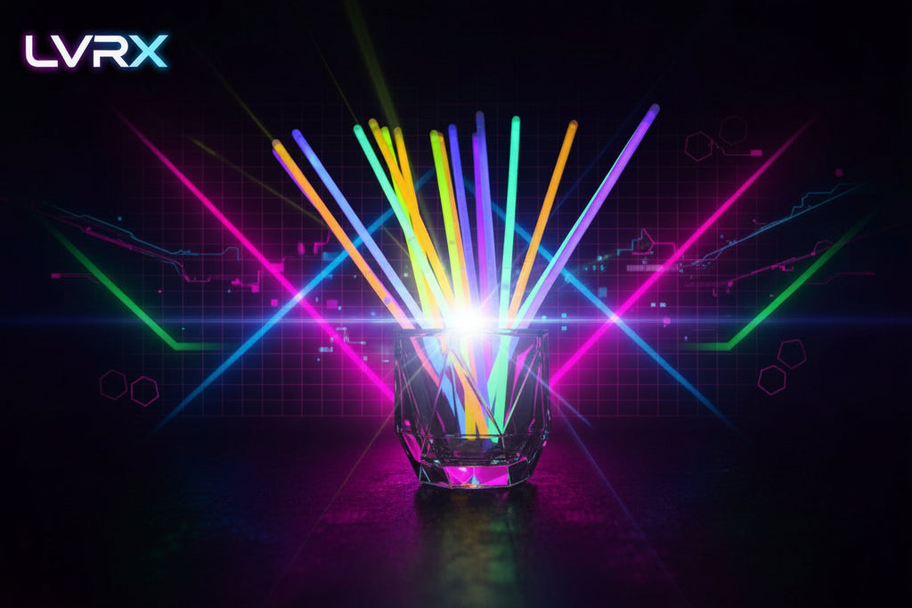 Glow sticks in various colors in a clear glass container on a black background