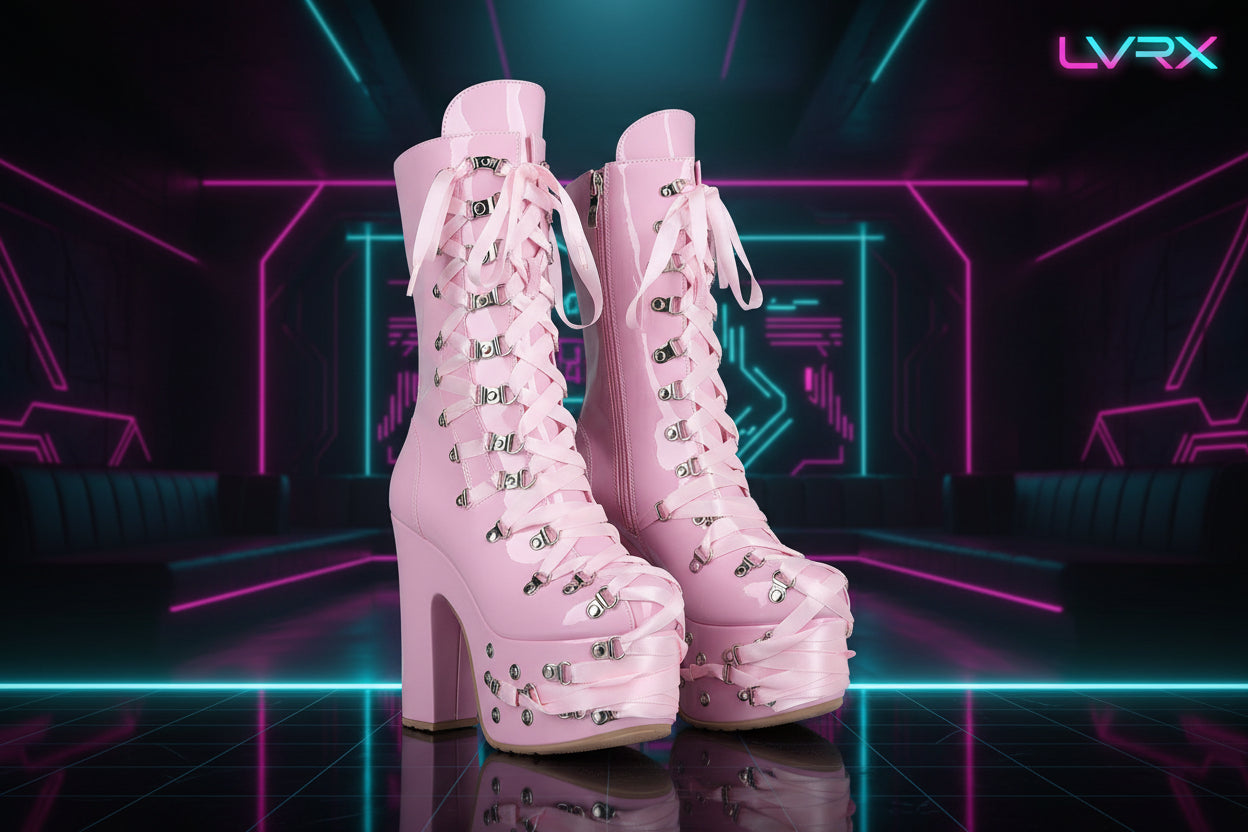 Pair of pink lace-up boots with cat pattern