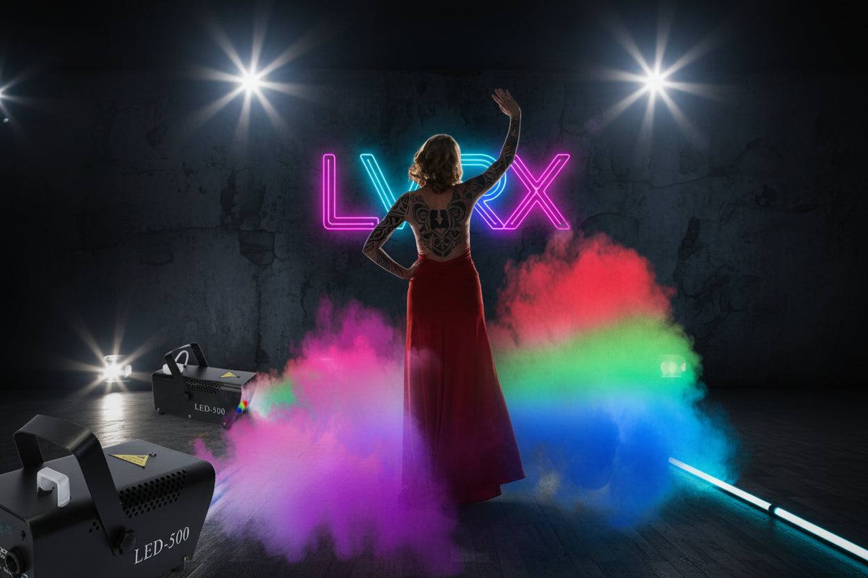 Woman in a red dress standing amidst colorful smoke effects with LED lights on stage.