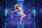 Neon pink fishnet bodysuit with matching stockings on a white background