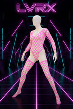 Neon pink fishnet bodysuit with matching stockings on a white background
