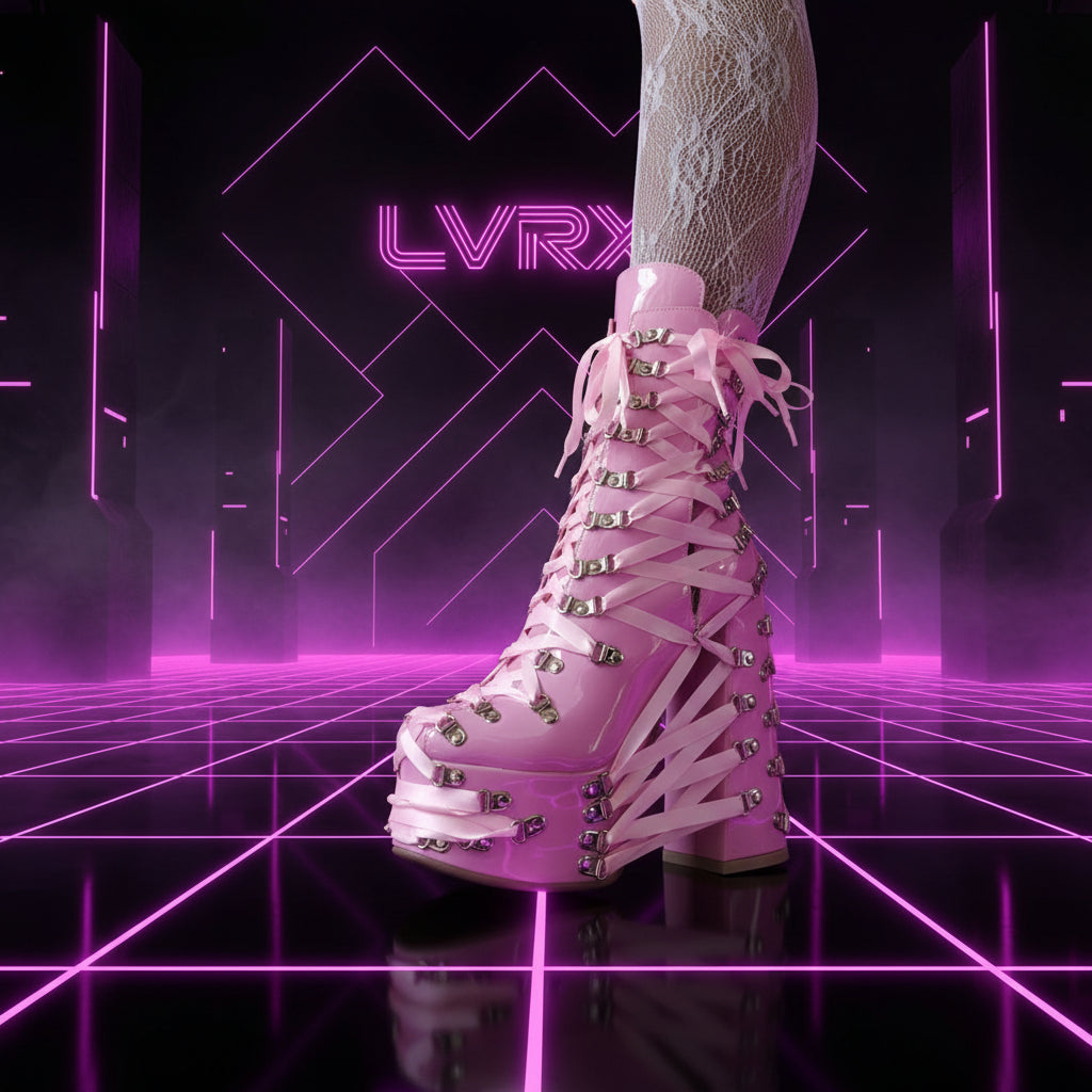 Pink platform boots with decorative straps 