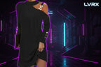 Black dress with cut-out shoulders and gold buttons on a white background