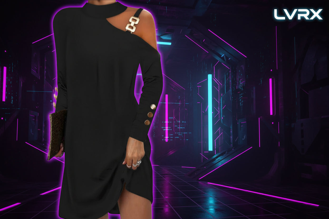 Black dress with cut-out shoulders and gold buttons on a white background