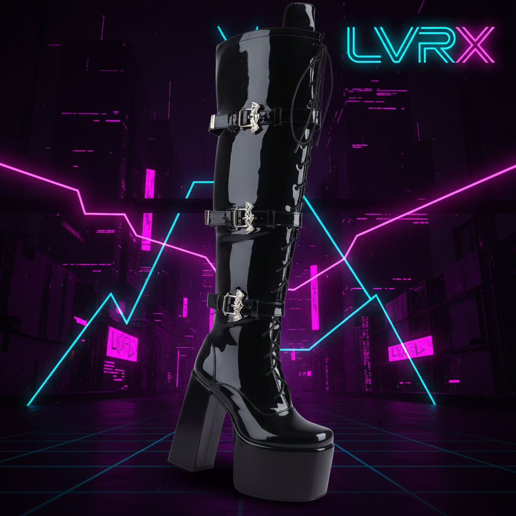 Black patent leather knee-high boot with platform sole 