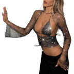 Drawstring Rhinestone Fishnet Vest