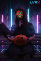 Person wearing a LED mask and holding a carved pumpkin on a bench with 'LED Mask' text overlay.