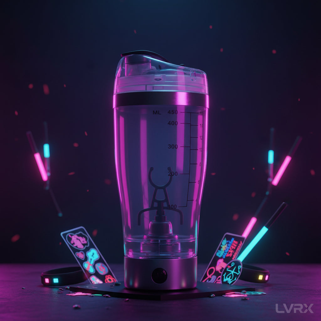 Clear tumbler with measurement markings and a black handle on a white background