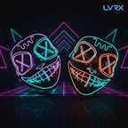 Two neon LED masks glowing in green and red on a dark background