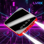 Red and black power bank with digital display on a reflective surface