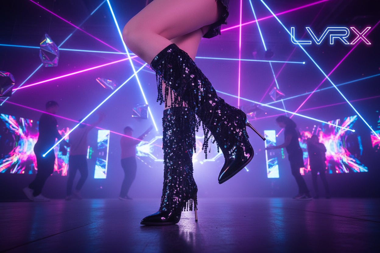 Black sequin knee-high boots with fringe on a person sitting 