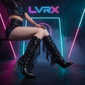 Black sequin knee-high boots with fringe on a person 