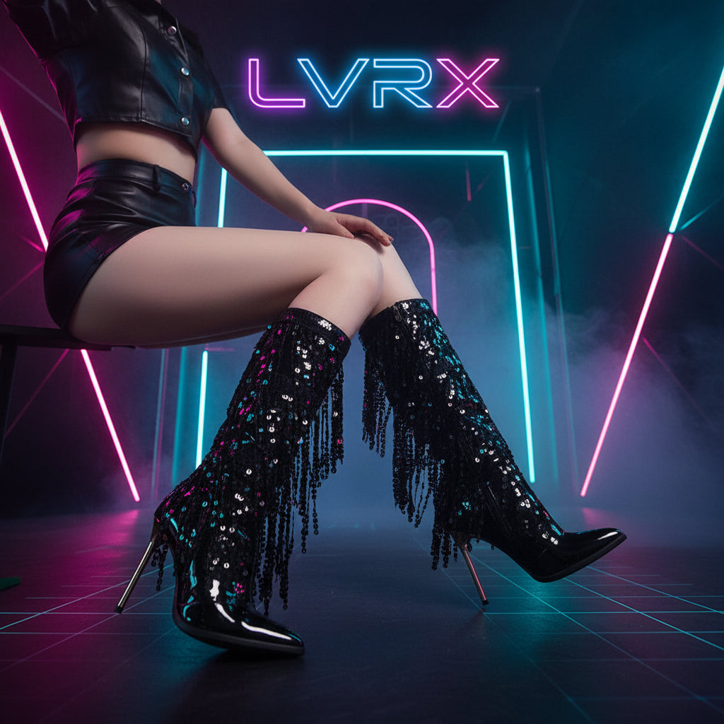 Black sequin knee-high boots with fringe on a person 