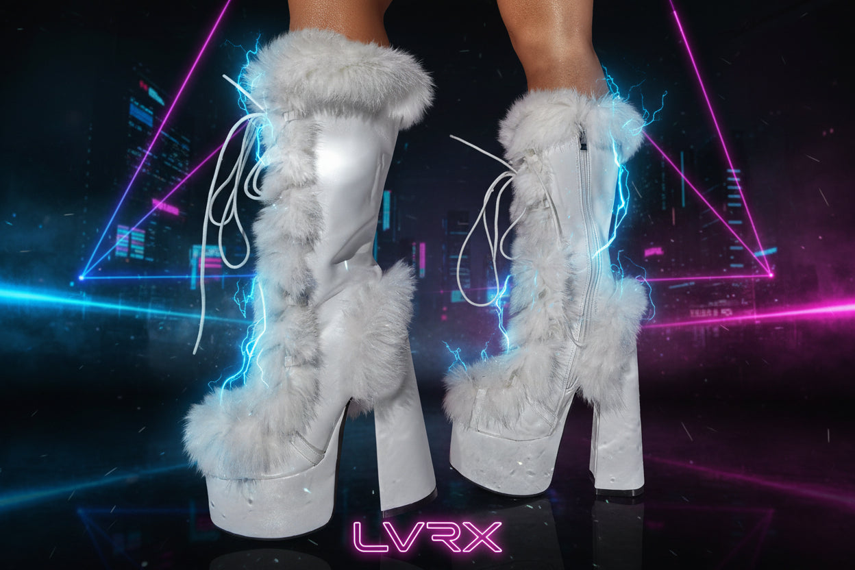 White platform boots with fluffy white fur trim on a glittery purple background