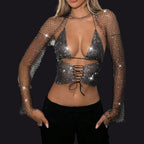 Drawstring Rhinestone Fishnet Vest