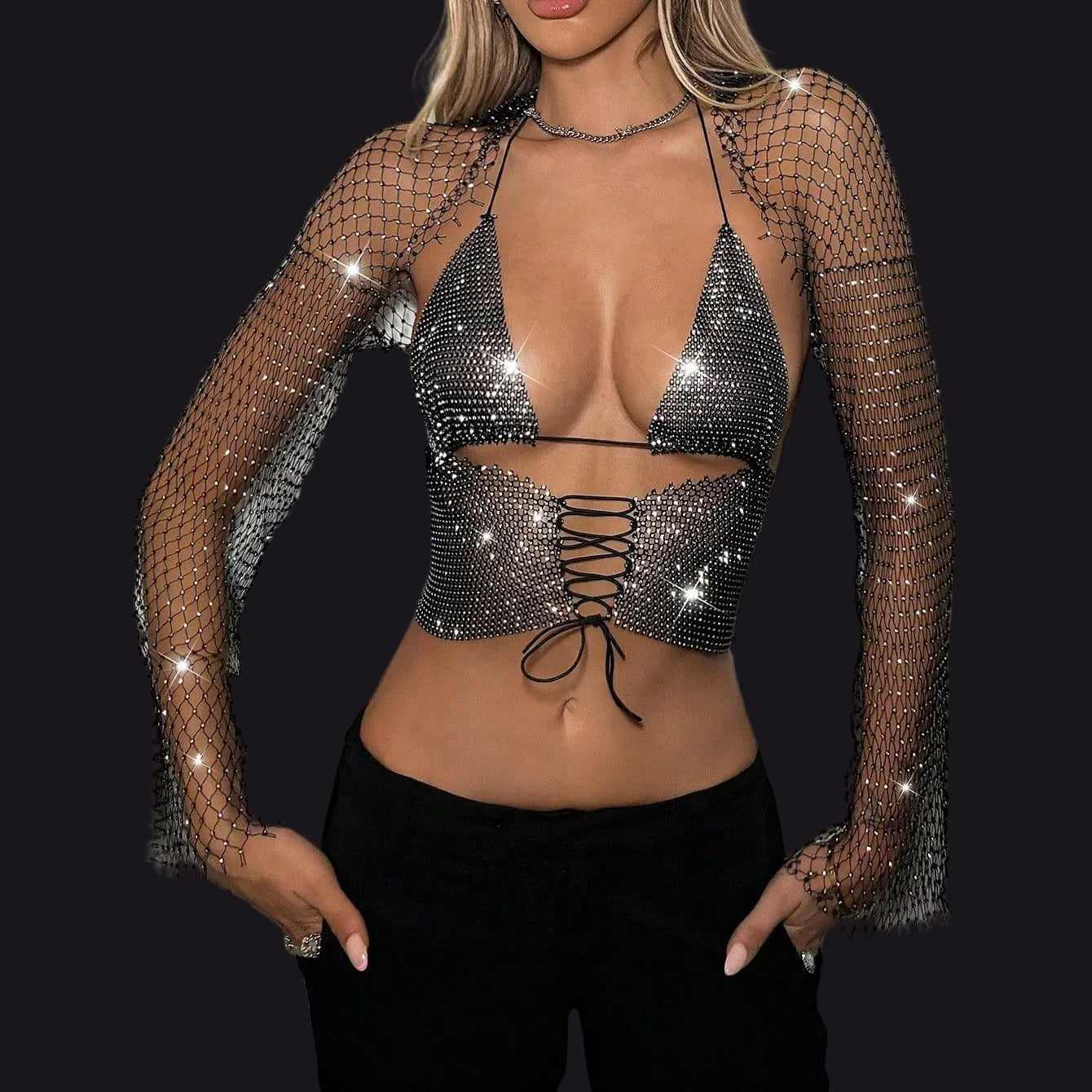 Drawstring Rhinestone Fishnet Vest