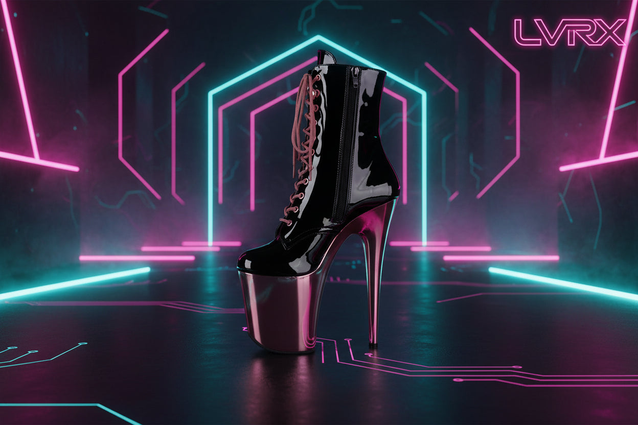 Black patent leather boot with pink high heel