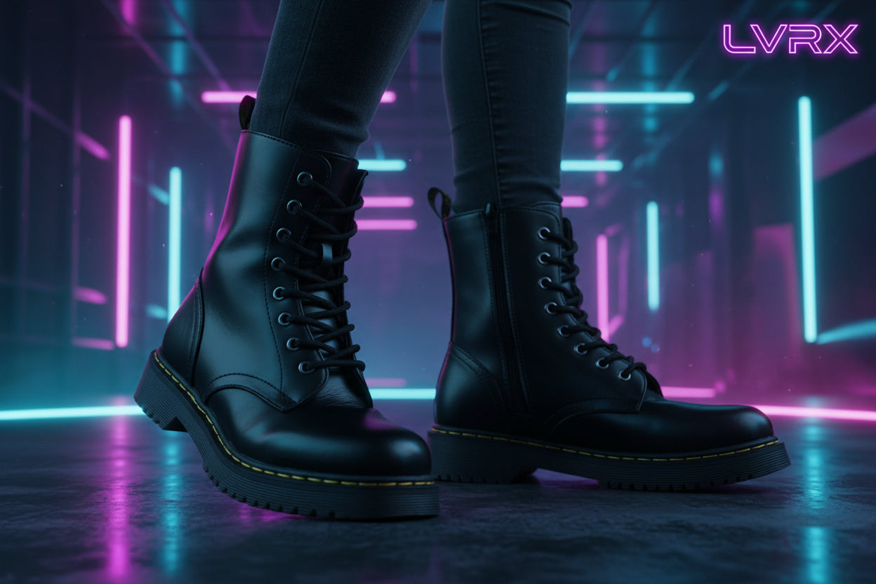 Black leather boots with yellow stitching on a stone surface