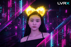 Woman wearing glowing bunny ears with a black background