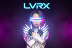Person wearing futuristic LED gloves and headband against a dark background