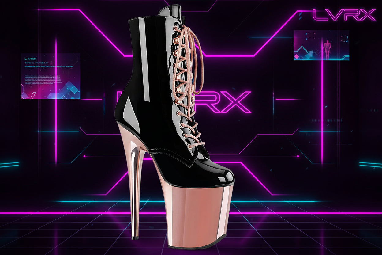 Black and rose gold high-heeled platform boot