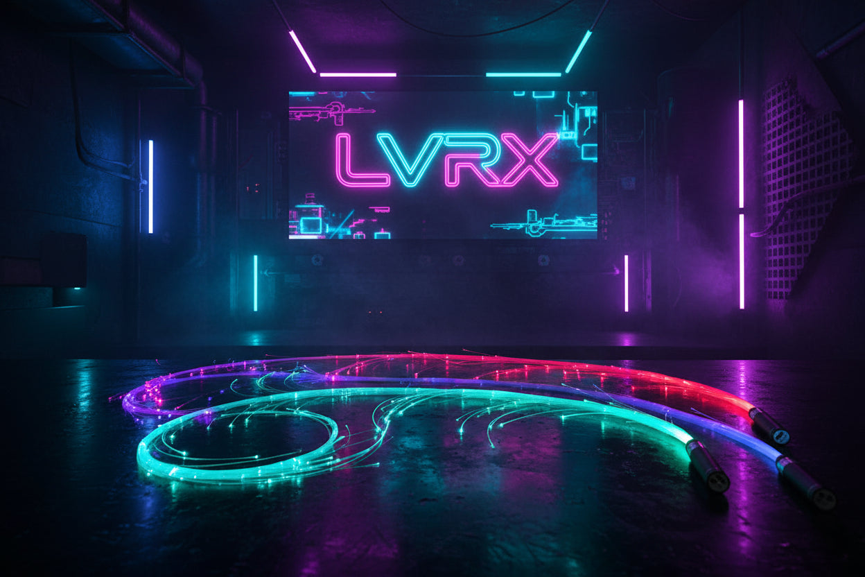 Colorful LED light sticks in red, green, blue, and white on a dark background.