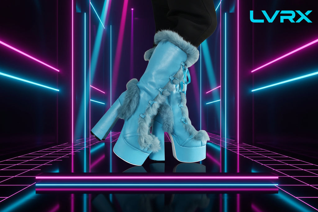 Blue platform boots with fur trim