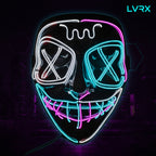 Neon LED mask with colorful lights on a dark background