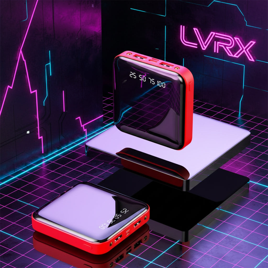 Red and black electronic device with digital display on a reflective surface