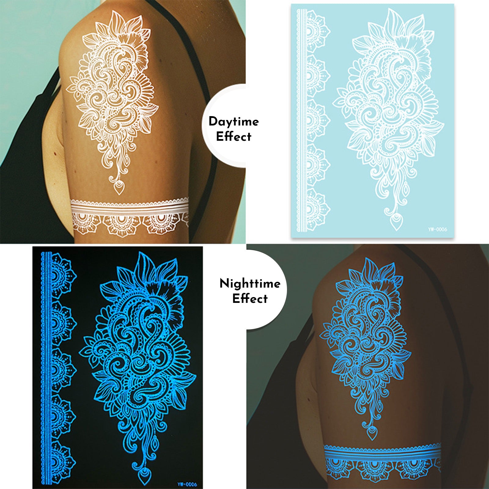 Glow In The Dark Henna Tattoo Stickers  Intricate Lace Hand & Arm Designs For Halloween Christmas Parties  Light Up Your Party