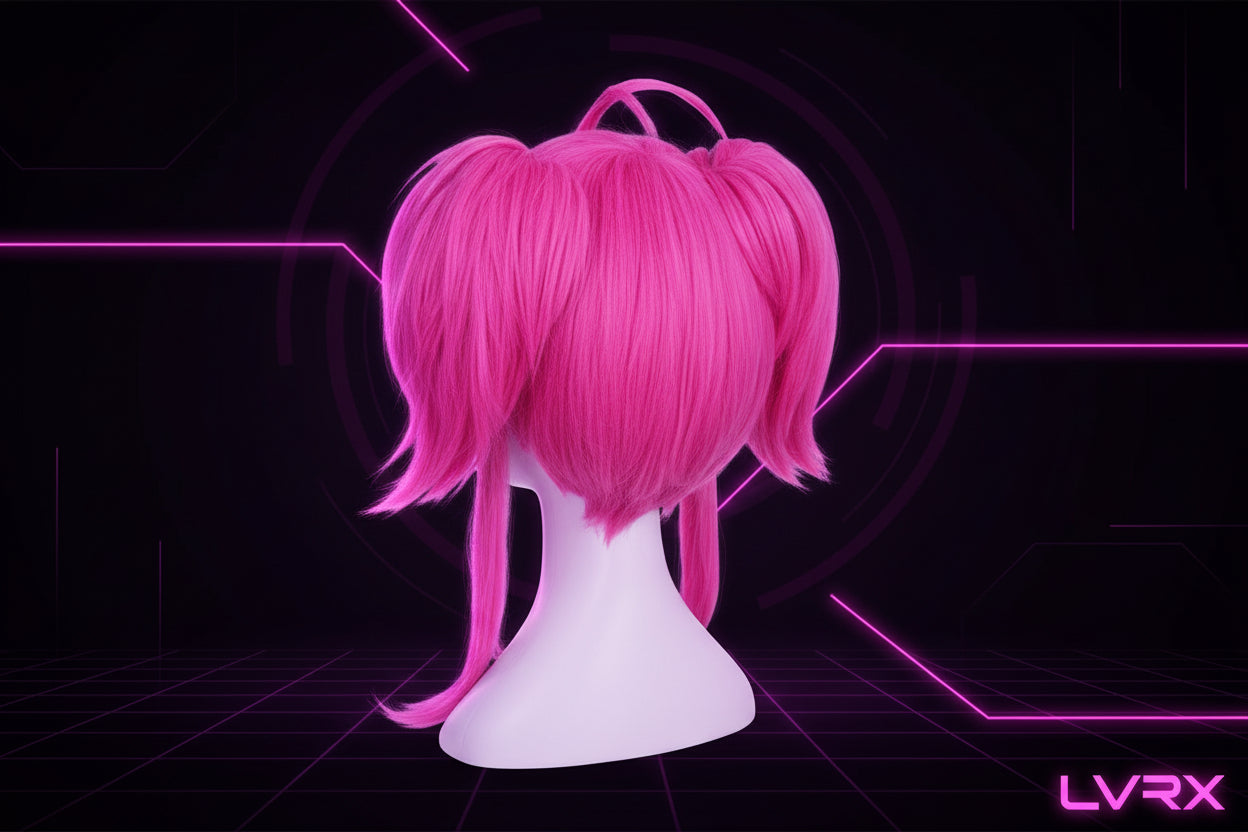Pink wig with twin buns on a white mannequin head