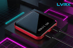 Red power bank with digital display on a dark surface