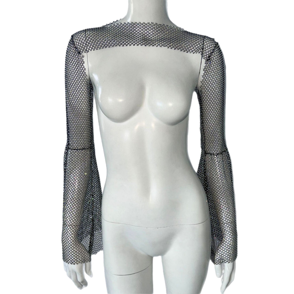 Stretch Rhinestone Fishnet Blouse