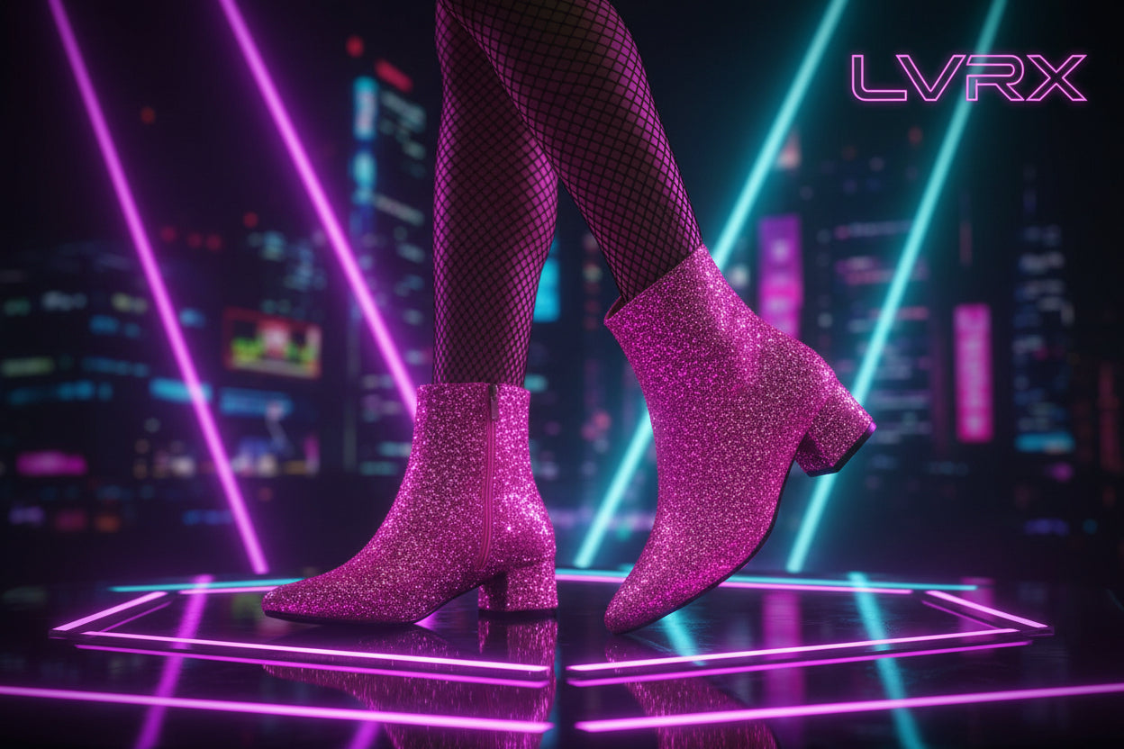 Pink glittery boots worn by a person sitting 