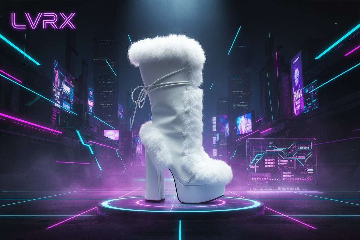White fur-trimmed boot on a scale with boxes in the background