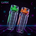 Two clear infuser water bottles with green and orange lids on a white background