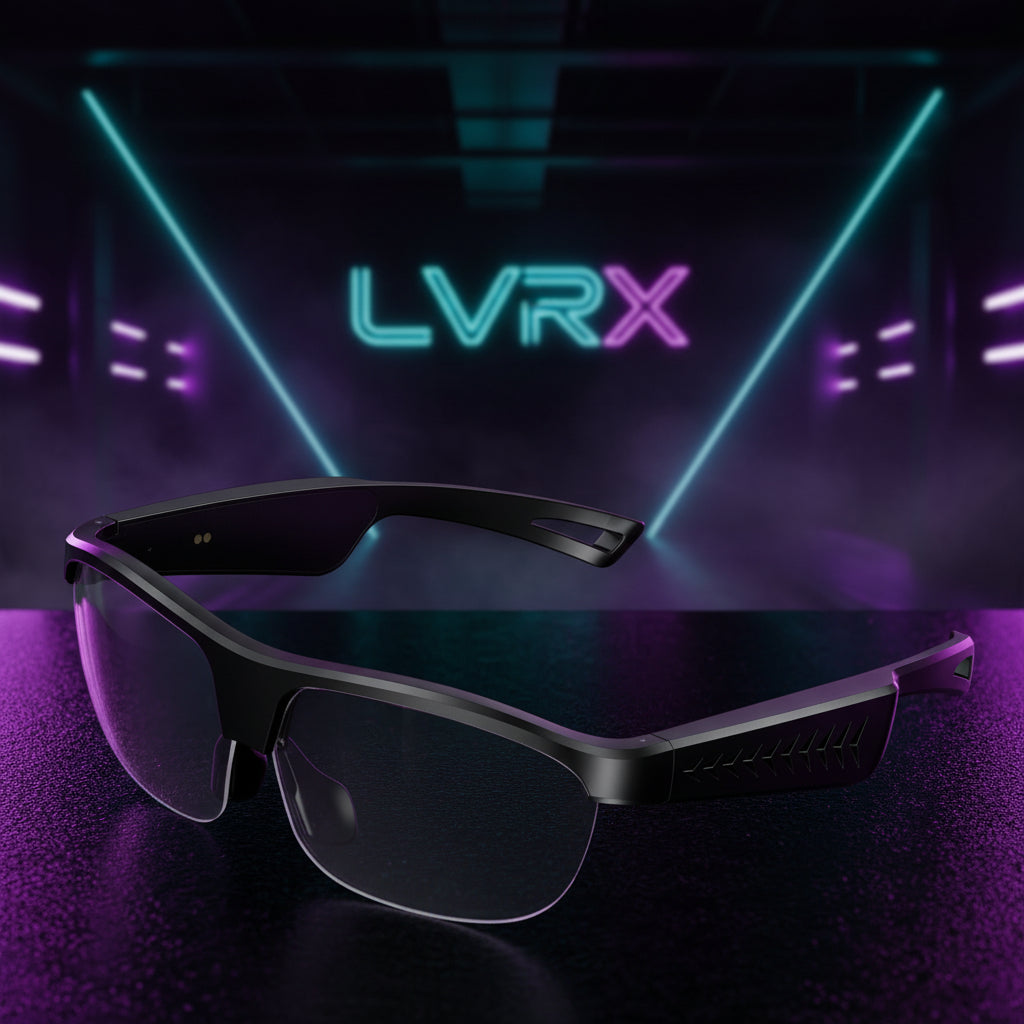Black smart glasses with text on a light gray background