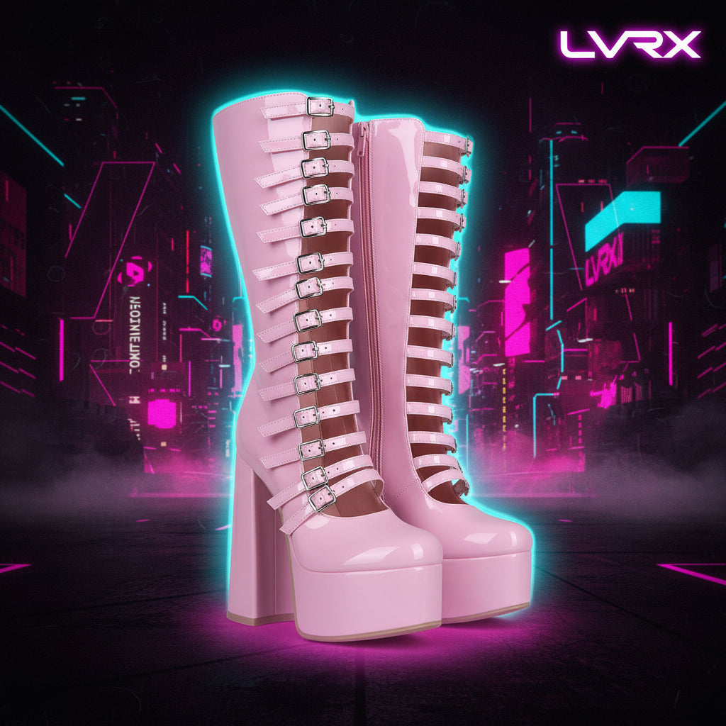 Pink platform boots with multiple straps 