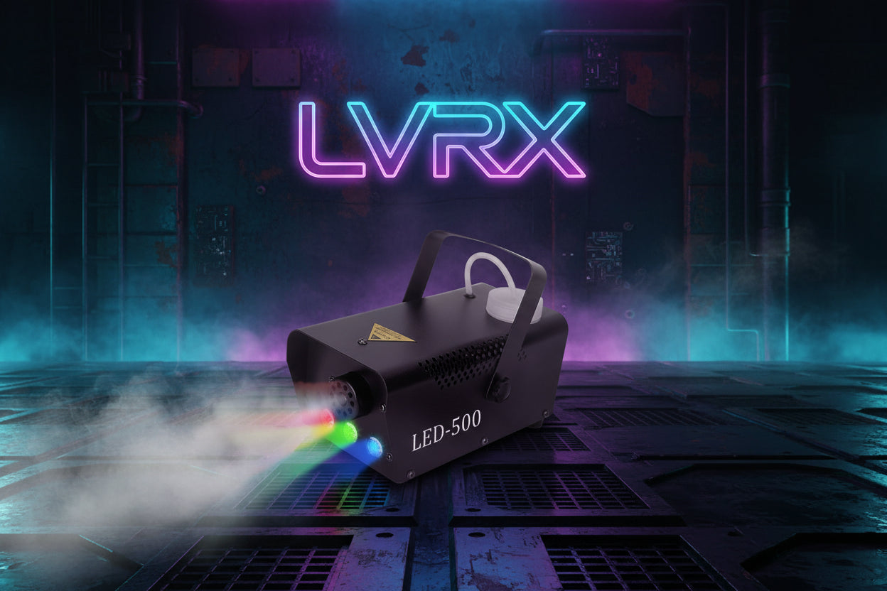 Smoke machine with colorful smoke effects and 'LED-500' label