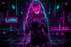 Neon pink skull mask on a dark background