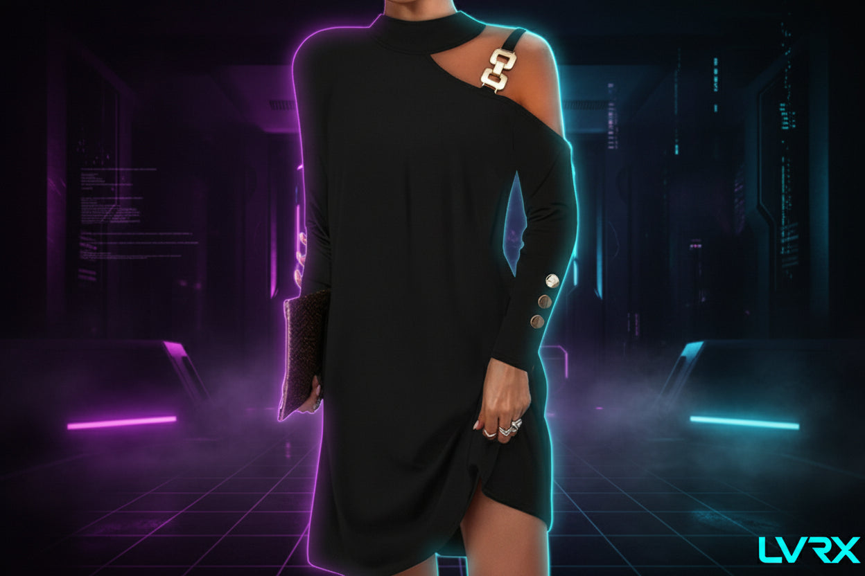 Black dress with gold buttons and a chain detail on a white background