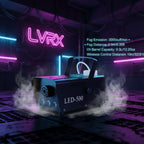 Black LED-500 fog machine with dimensions and specifications on a white background