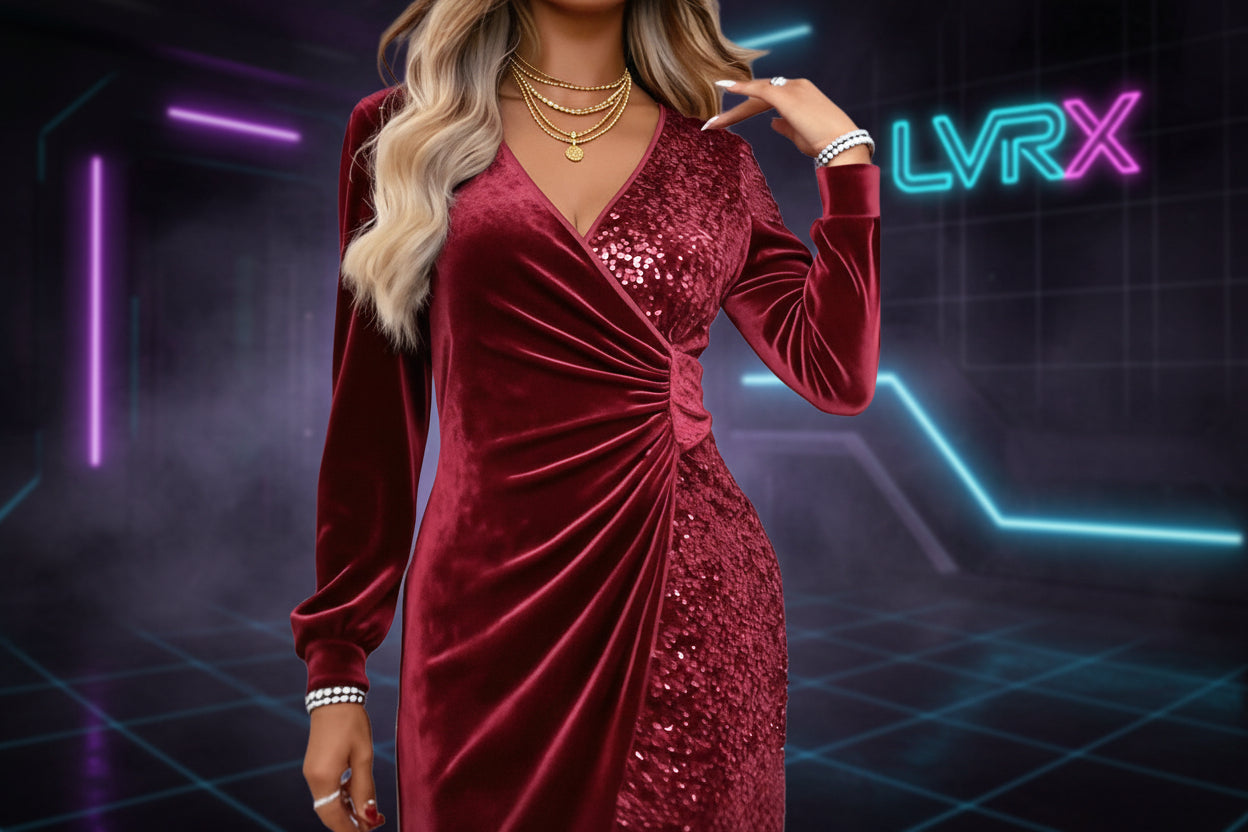 Red velvet dress with sequin details worn by a model indoors.