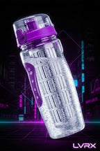 Clear water bottle with purple cap and handle on a white background