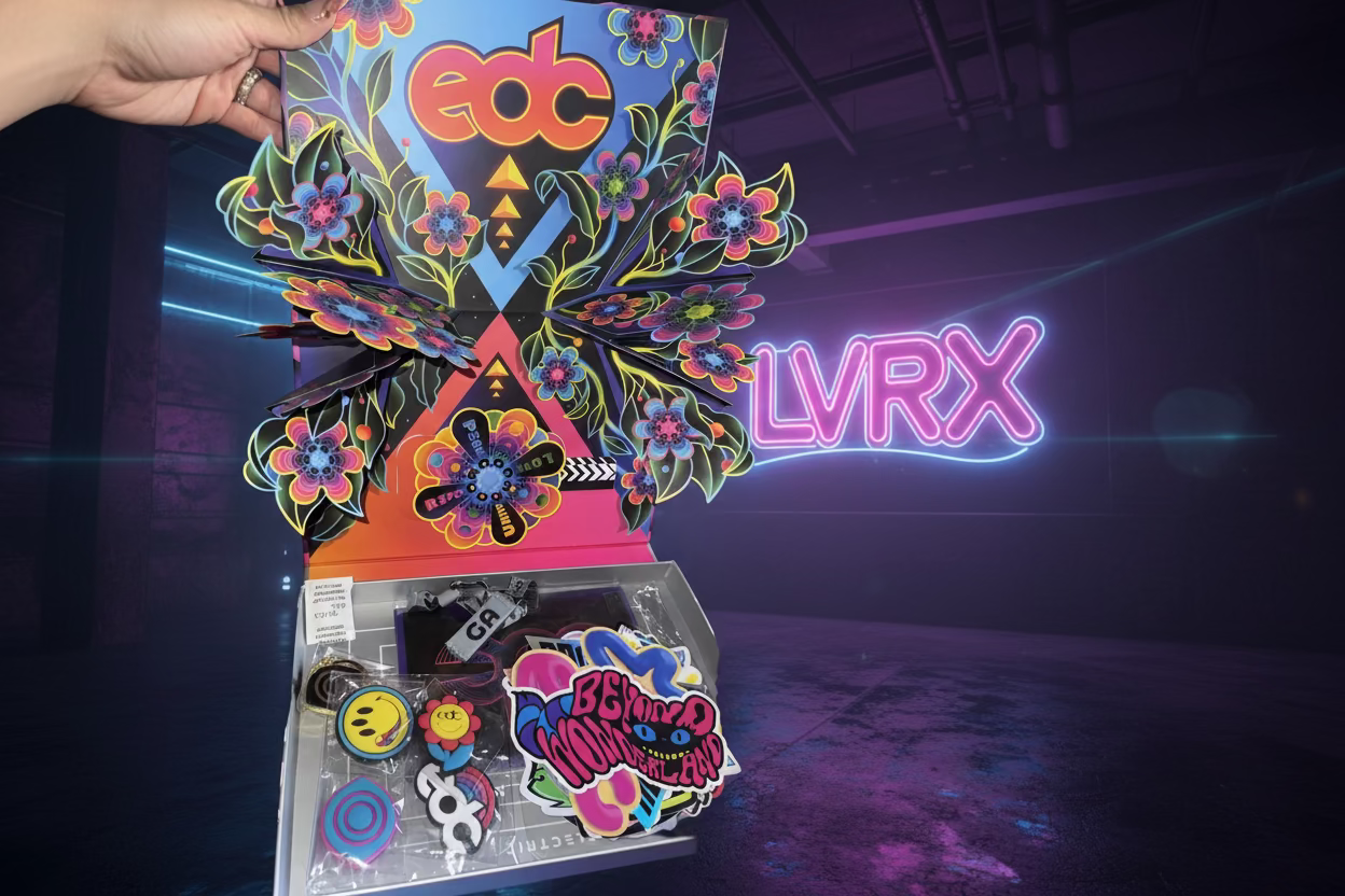 Colorful EDC (Electronic Dance Music) branded box with accessories on a red surface