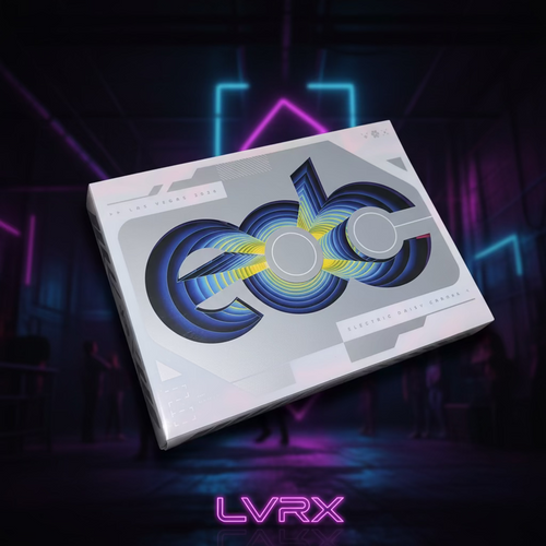 Product packaging with a colorful logo on a red surface